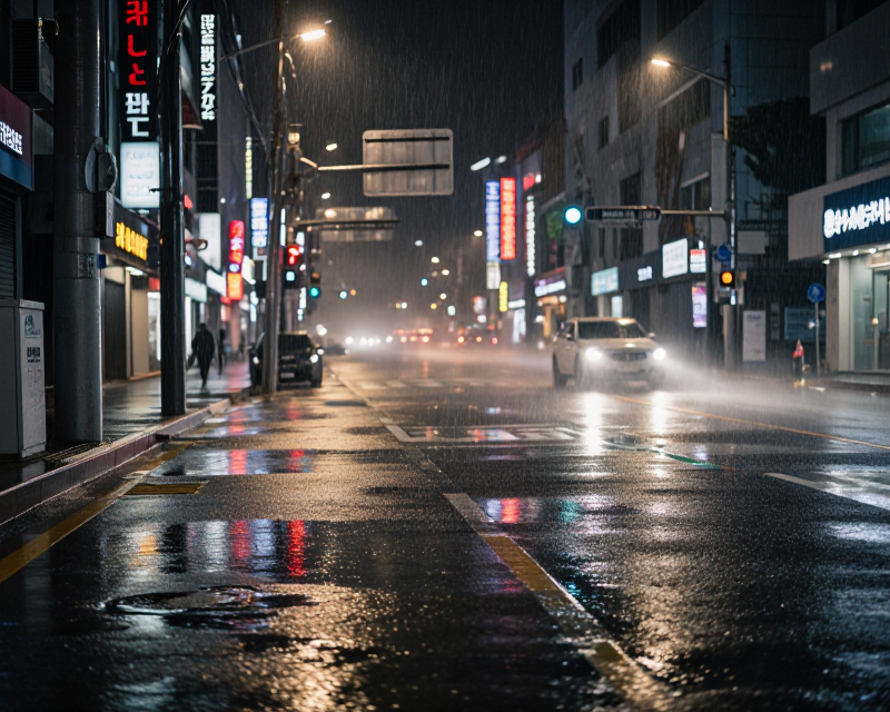 Heavy Rain in Seoul Urban Landscape